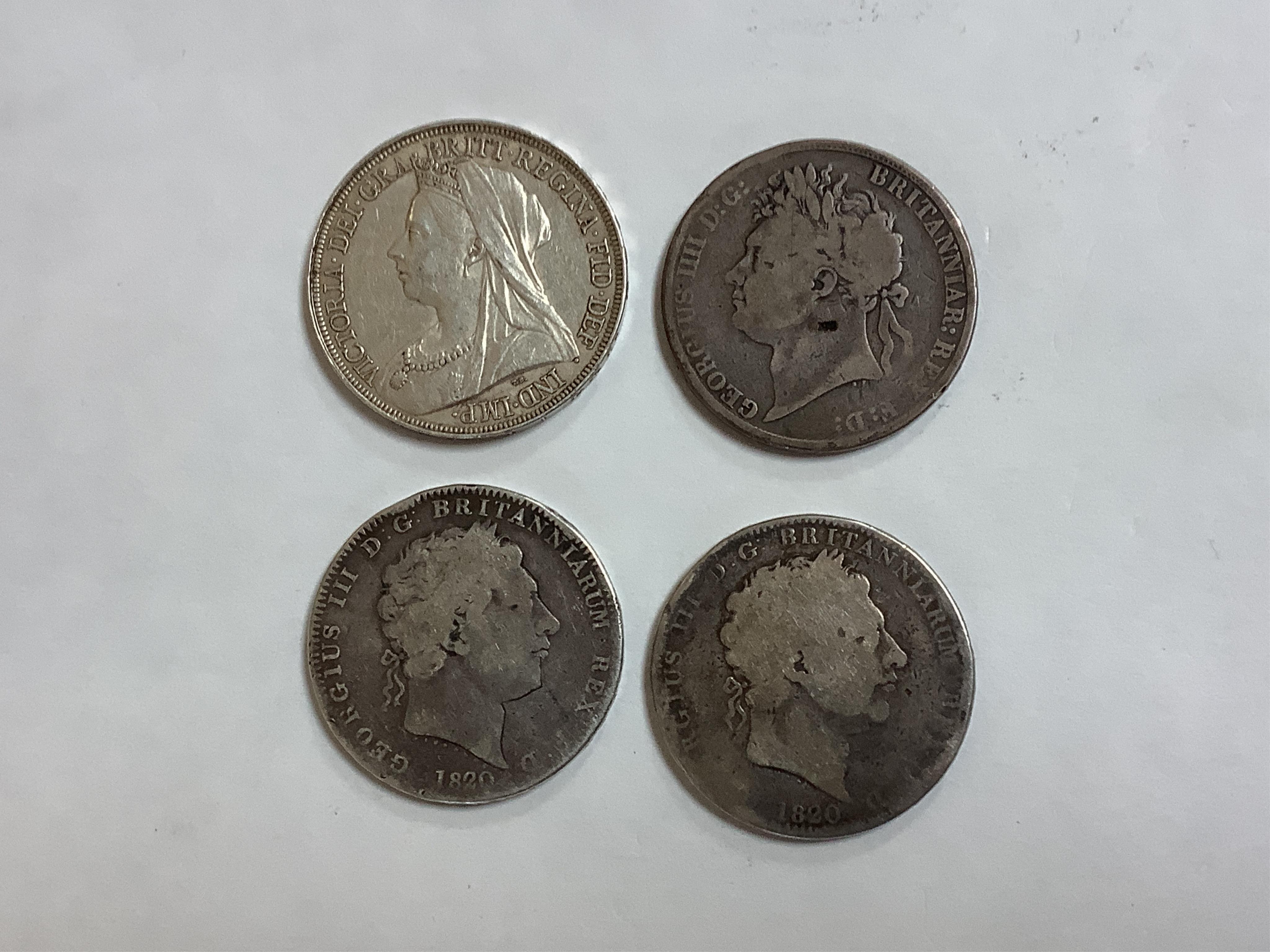 British silver crowns, two George III 1820, VG or better, George IV 1821, VG and Victoria 1897, edge knock otherwise good VF
